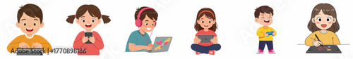Cartoon Style Group of Children Using Electronic Device Illustration Asset