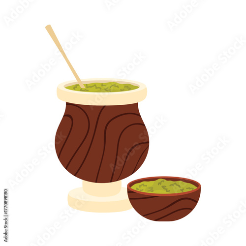 Isolated drawing of Argentine mate cup and bowl with yerba for cultural and culinary use vector illustration