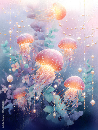 Colorful jellyfish floating gracefully in a serene underwater scene surrounded by delicate plants and shimmering pearls