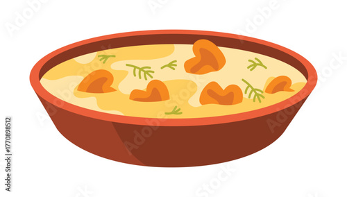 Isolated Belgian waterzooi soup with vegetables and herbs in a brown bowl vector illustration