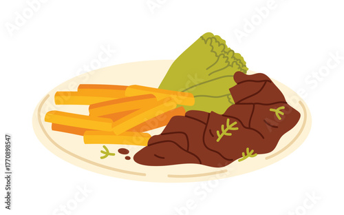 Traditional Belgian beef stew with fries and lettuce on a white isolated plate vector illustration