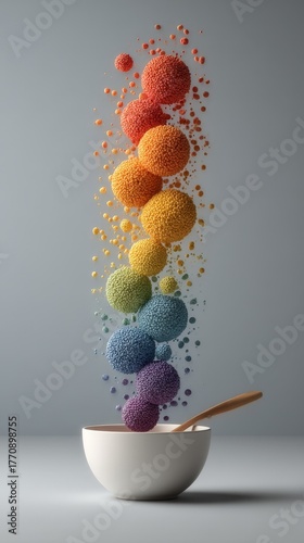 A captivating bowl of cereal artfully arranged with vibrant colors and a spoon ready to serve