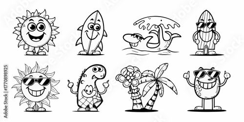 Collection of eight cartoon characters enjoying summer vacation activities including surfing and relaxing on the beach