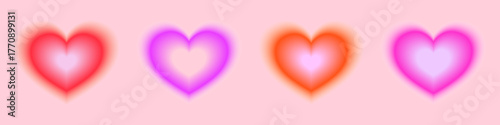 Set of abstract, blurred gradient hearts with a soft, glowing aura