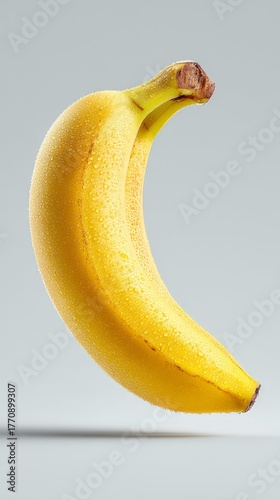 Fresh and vibrant yellow banana floating in the air. The banana is perfectly ripe, with a smooth peel and a slight curve