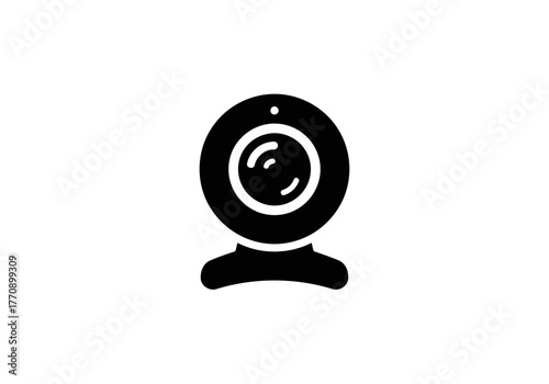 Illustration of a simple webcam device with a circular lens and a small base for desktop use image shown here