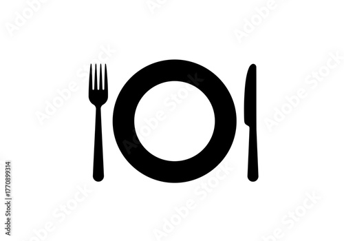Illustration of a table setting with a round plate fork and knife in a simple graphic representation style