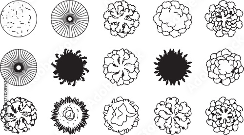 CAD Drawings. Set of Tree Top View Outline Symbols in Minimal Vector Style for Landscape Architecture, Urban Planning, and Garden Design