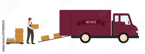 Worker loads wine boxes into delivery truck for distribution on isolated white background vector illustration