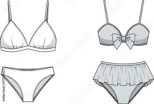 Bikini and Lingerie Technical Flat Sketch Vector Set, Featuring Bralette, Large Bow Top and Two Styles of Bottoms, CAD Drawing Flat Vector Illustration