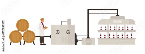 Isolated wine production process with barrels, machinery, and bottling line for industry concept vector illustration