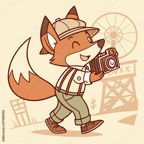 Cute Cartoon Fox Explorer with Vintage Camera