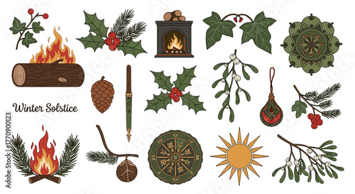 Collection of winter solstice symbols and elements