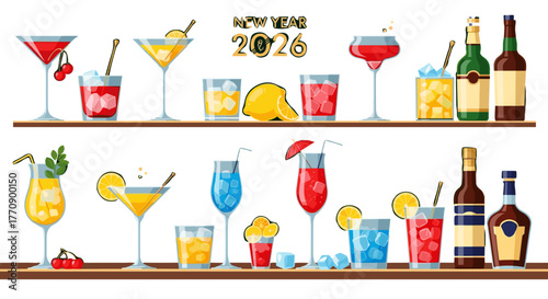 New year 2026 celebration with various colorful cocktails and drinks