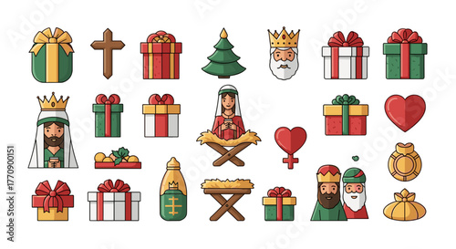 Christmas nativity scene pixel art icons