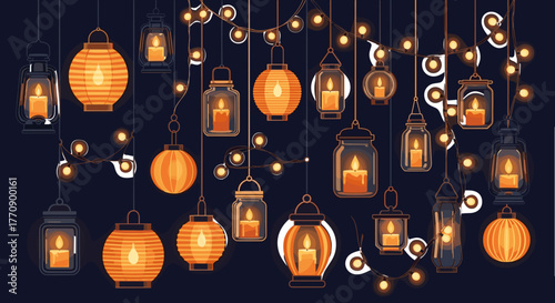 Collection of glowing lanterns and string lights on a dark background