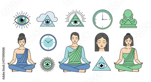 Collection of mystic symbols and meditating people