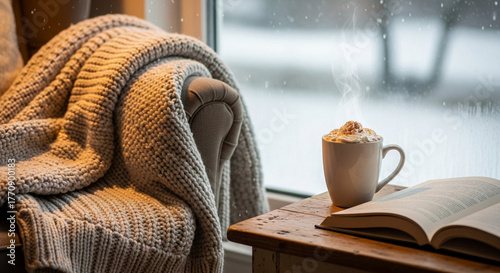 Cozy Winter Scene Warm Drink, Book, and Blanket by the Window, Embracing the Season