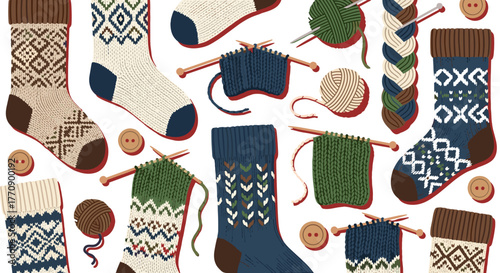 Collection of knitted socks with fair isle patterns and knitting supplies