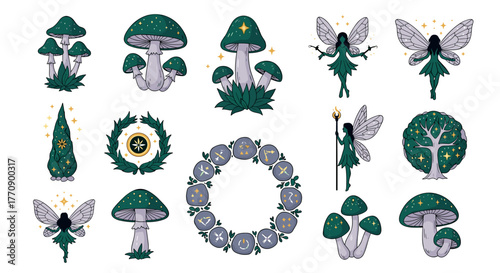 Enchanted forest elements mushrooms, fairies, and magical wreath