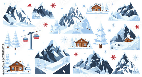 Winter mountain landscape with ski resort elements and cabins