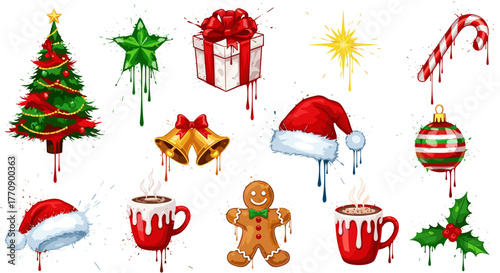 Christmas elements with watercolor splash effect