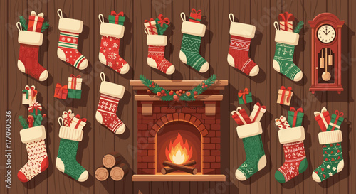 Christmas stockings hanging on a wooden wall with a fireplace