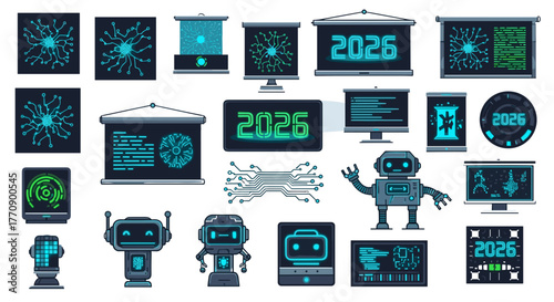 Pixel art collection of robots, screens, and futuristic elements