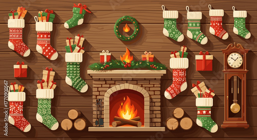 Christmas stockings and fireplace decoration on wooden background
