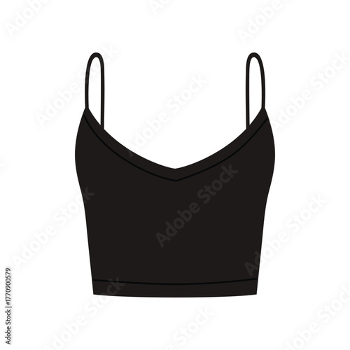 Simple black women crop top with thin straps on white isolated background vector illustration
