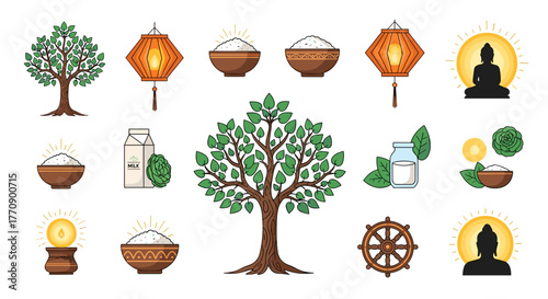 Collection of buddhist symbols and items