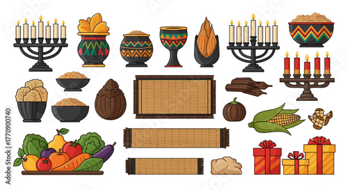 Collection of kwanzaa symbols and food
