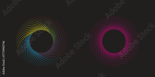 Colorful Spiral Gradient Rings on Black Background – Abstract Circular Design Elements, Vibrant abstract spiral rings featuring smooth gradient transitions in neon blue, yellow, green background.