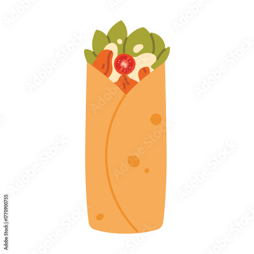 Colorful isolated doner kebab wrap with vegetables and sauce on white background vector illustration