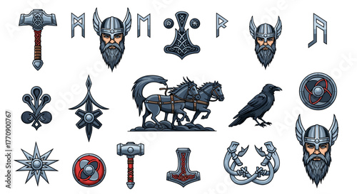 Collection of norse mythology symbols and viking art elements