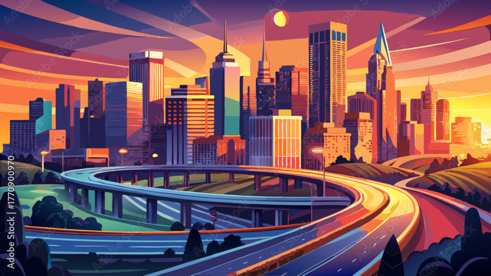 Fototapeta premium Very beautiful Atlanta city skyline at sunset with highways curving through the scene, modern downtown buildings glowing in warm light, vibrant urban landscape, and clear evening sky over Georgia, USA