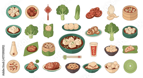 Assortment of delicious asian food dishes and ingredients