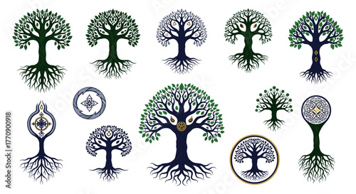 Collection of stylized trees with roots and celtic symbols