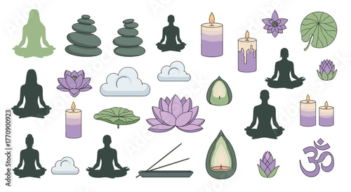 Collection of yoga, meditation, and wellness icons on a