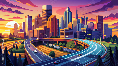 Very beautiful Atlanta city skyline at sunset with highways curving through the scene, modern downtown buildings glowing in warm light, vibrant urban landscape, and clear evening sky over Georgia, USA