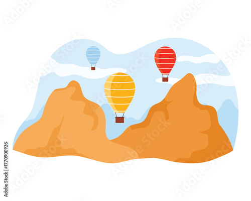 Colorful hot air balloons flying above Cappadocia mountains with blue sky and clouds isolated vector illustration
