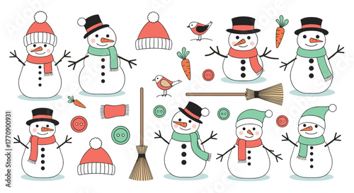 Collection of cute snowmen with hats, scarves, carrots, and brooms