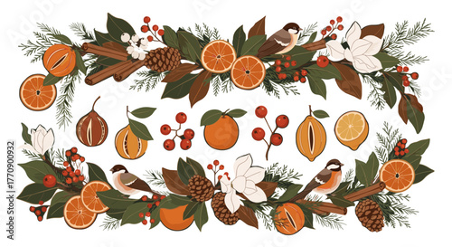 Christmas garland with oranges, berries, pine cones and birds