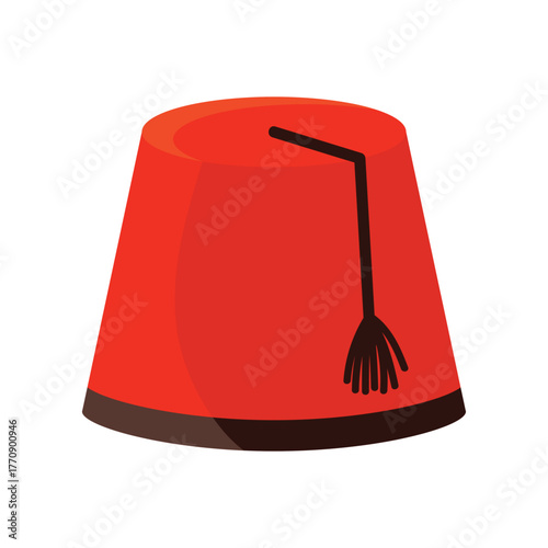 Classic Turkish fez hat with tassel in red color on white isolated background vector illustration