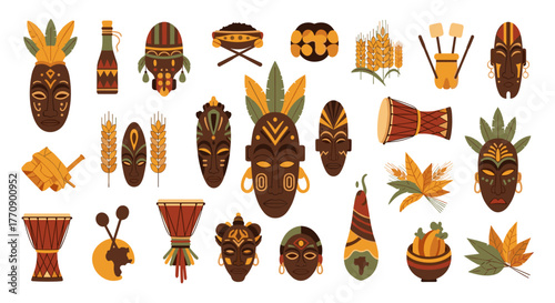 Collection of african tribal masks and drums on a