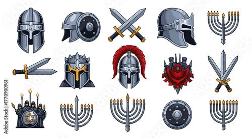 Collection of medieval knight helmets, swords, shields, and menorahs