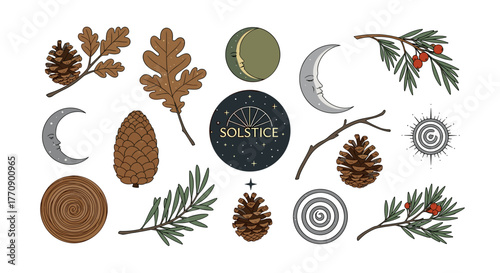 Collection of solstice symbols, nature elements, and celestial bodies