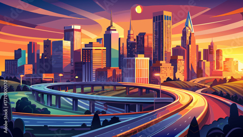 Very beautiful Atlanta city skyline at sunset with highways curving through the scene, modern downtown buildings glowing in warm light, vibrant urban landscape, and clear evening sky over Georgia, USA