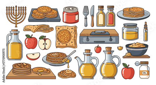 Illustration of hanukkah food items and symbols