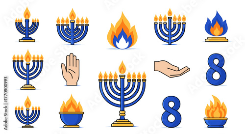 Collection of hanukkah symbols including menorahs, flames, and the number 8